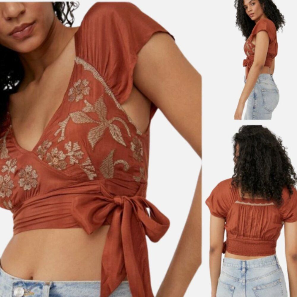 Free People Sahara Embroidered Top Women XS Brown Boho Short Sleeve Blouse - Picture 2 of 8